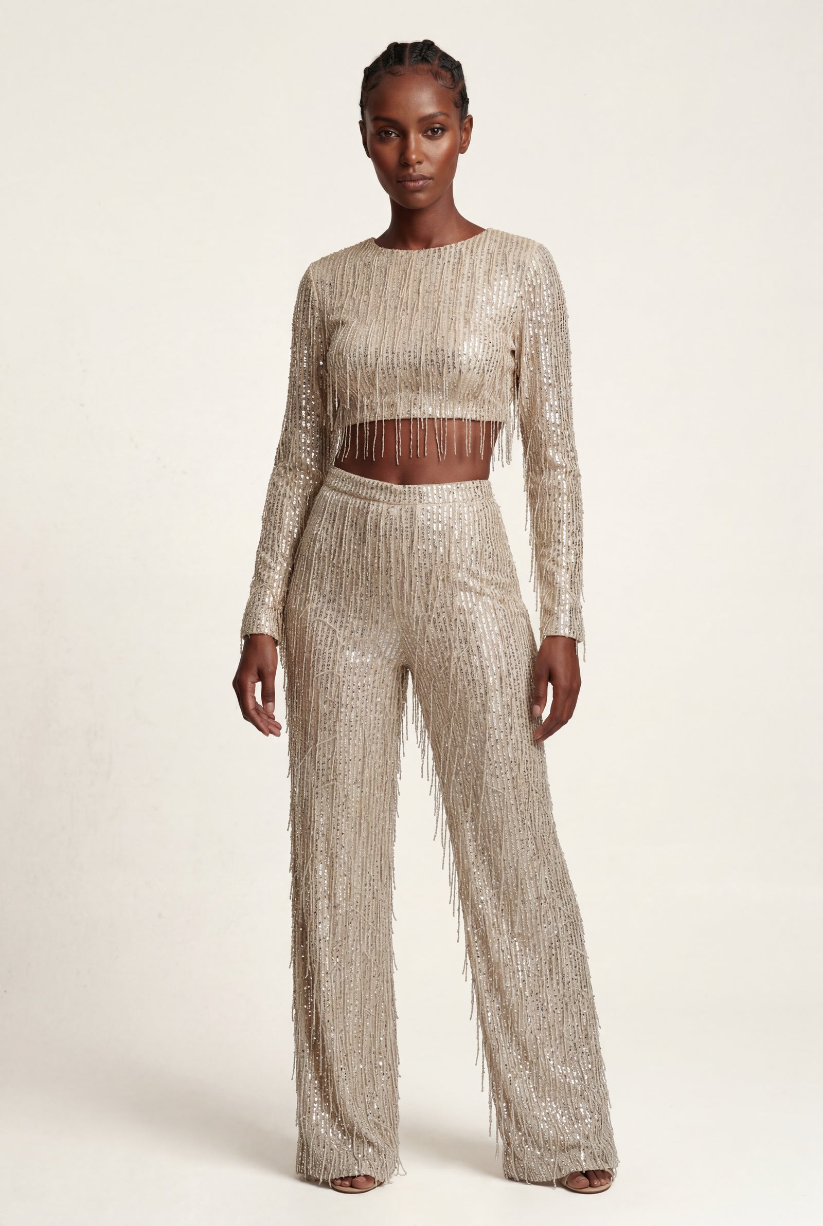Champagne Fringe Crop Top and Wide-leg Pants Set - Fringe two piece set - Photo 1