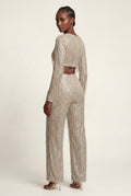 Champagne Fringe Crop Top and Wide-leg Pants Set - Fringe two piece set - Photo 2