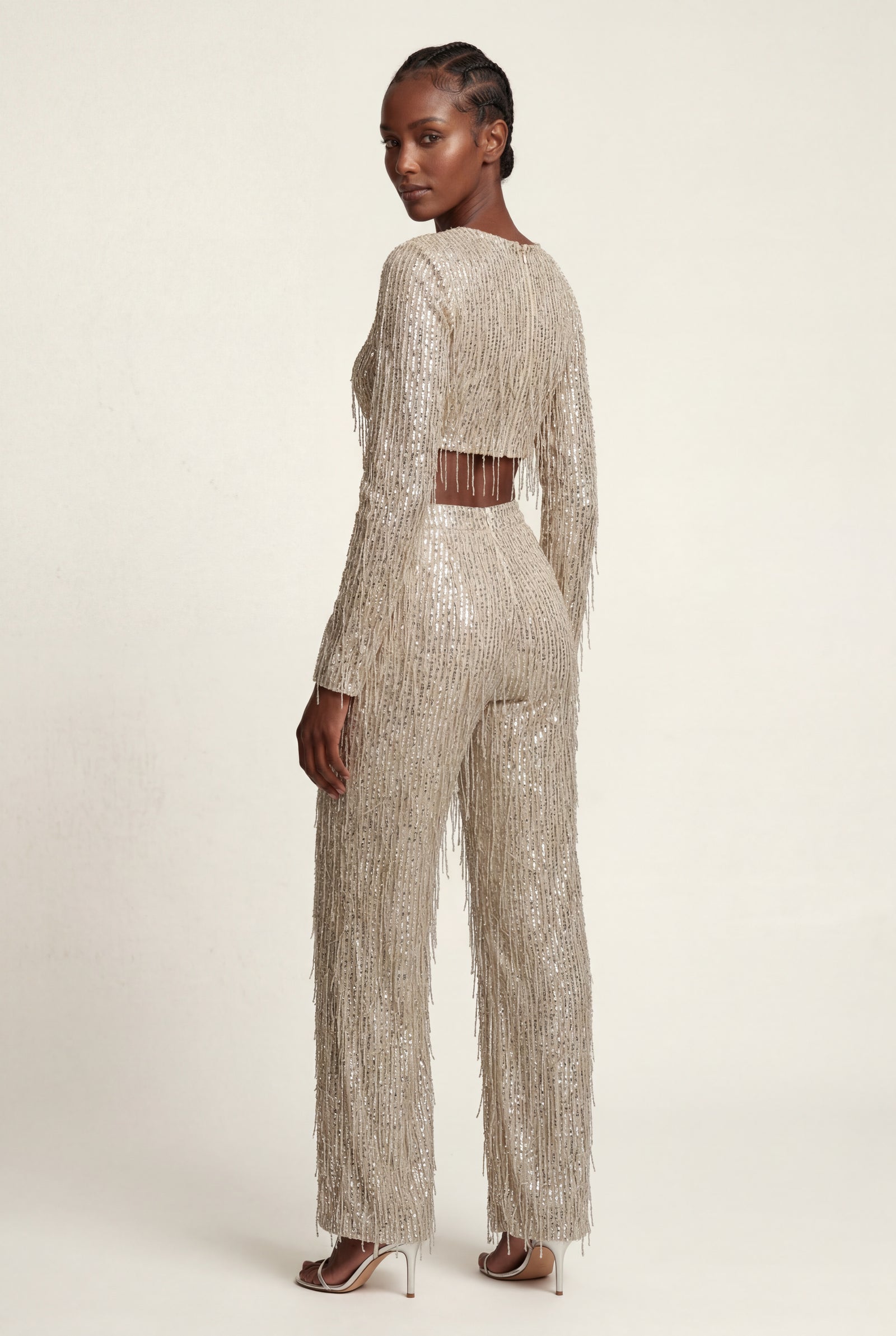 Champagne Fringe Crop Top and Wide-leg Pants Set - Fringe two piece set - Photo 2