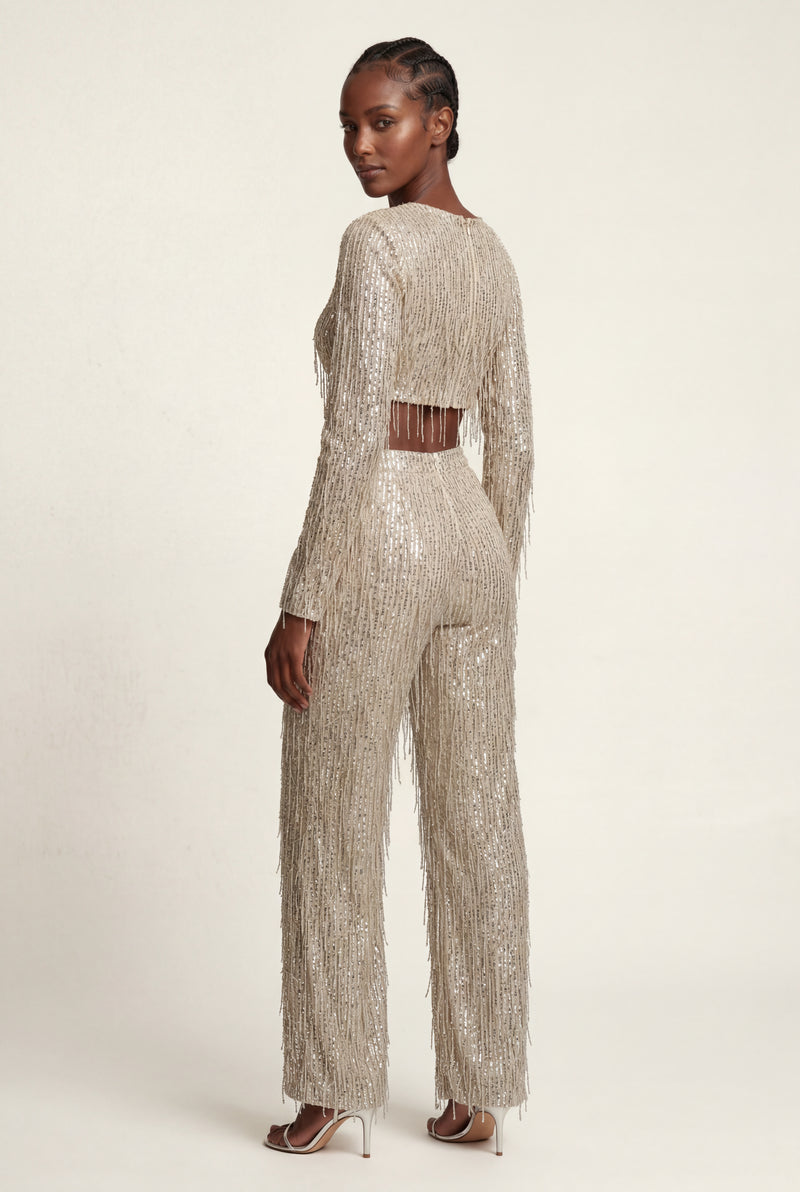 Champagne Fringe Crop Top and Wide-leg Pants Set - Fringe two piece set - Photo 2