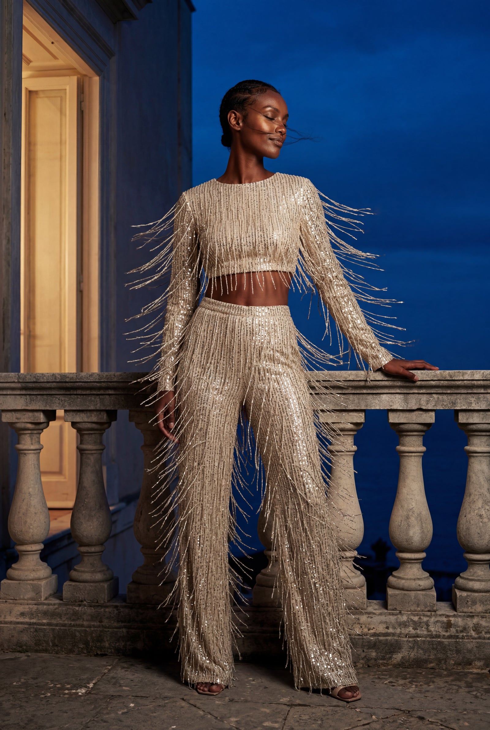 Champagne Fringe Crop Top and Wide-leg Pants Set - Fringe two piece set - Photo 4