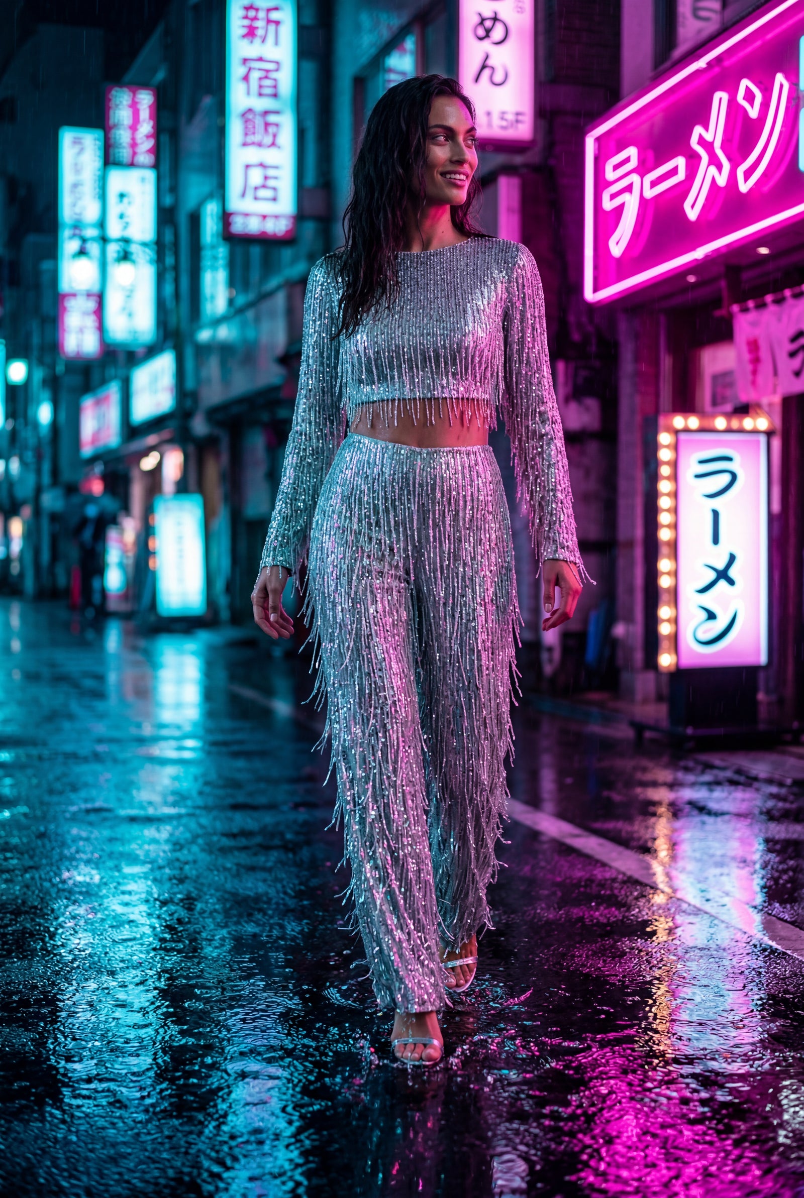 Silver Fringe Crop Top and Wide-leg Pants Set - Fringe two piece set - Photo 6