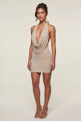 Champagne Rhinestone Cowl Neck Halter Mini Cocktail Dress - Photo 1