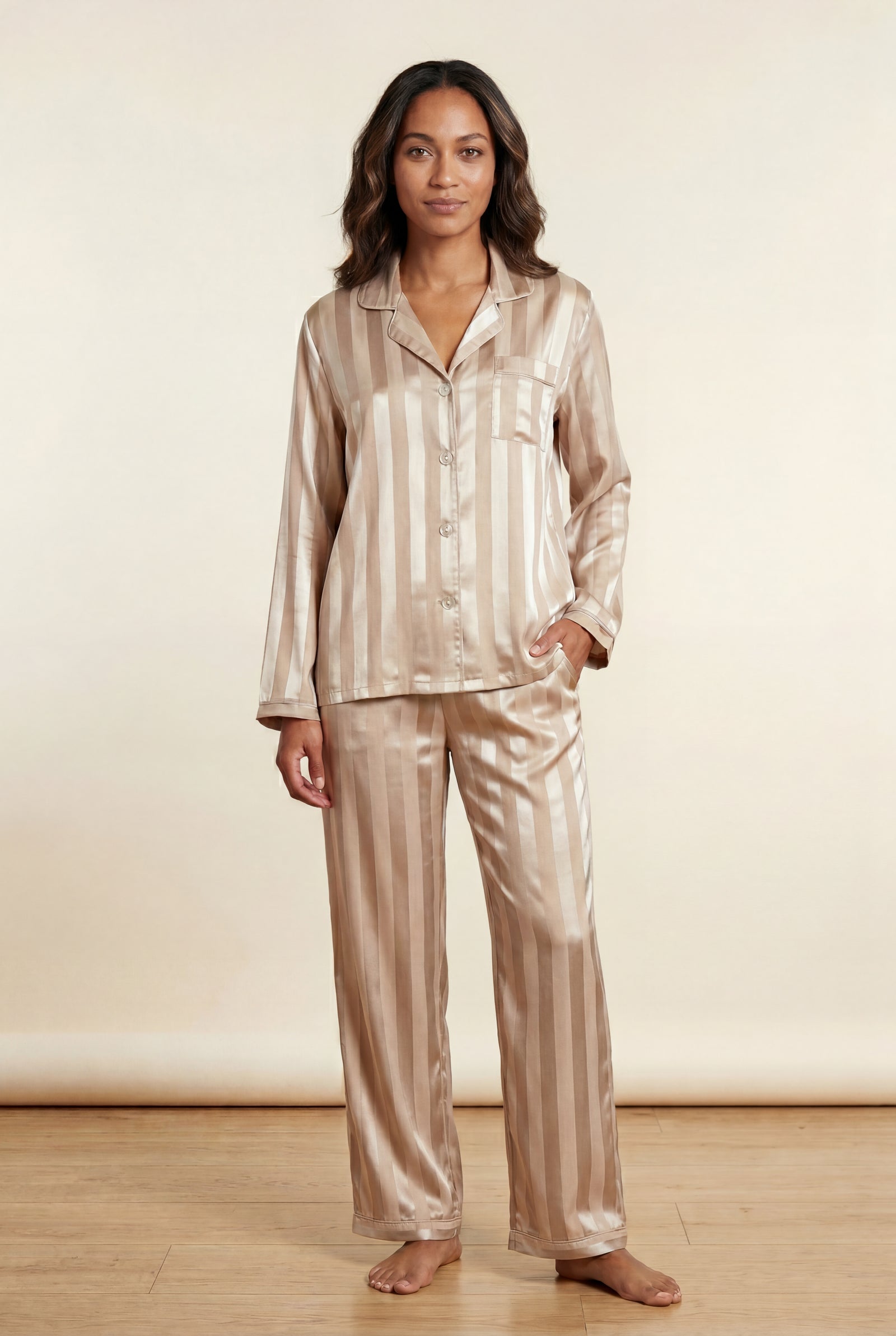 Champagne Striped Button-up Pyjama Set with Relaxed Pants - Photo 1