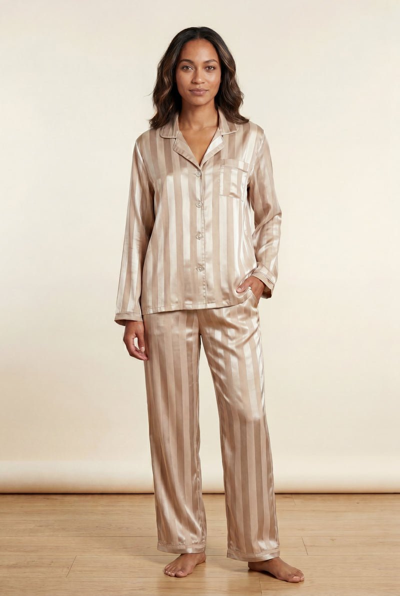 Champagne Striped Button-up Pyjama Set with Relaxed Pants - Photo 1