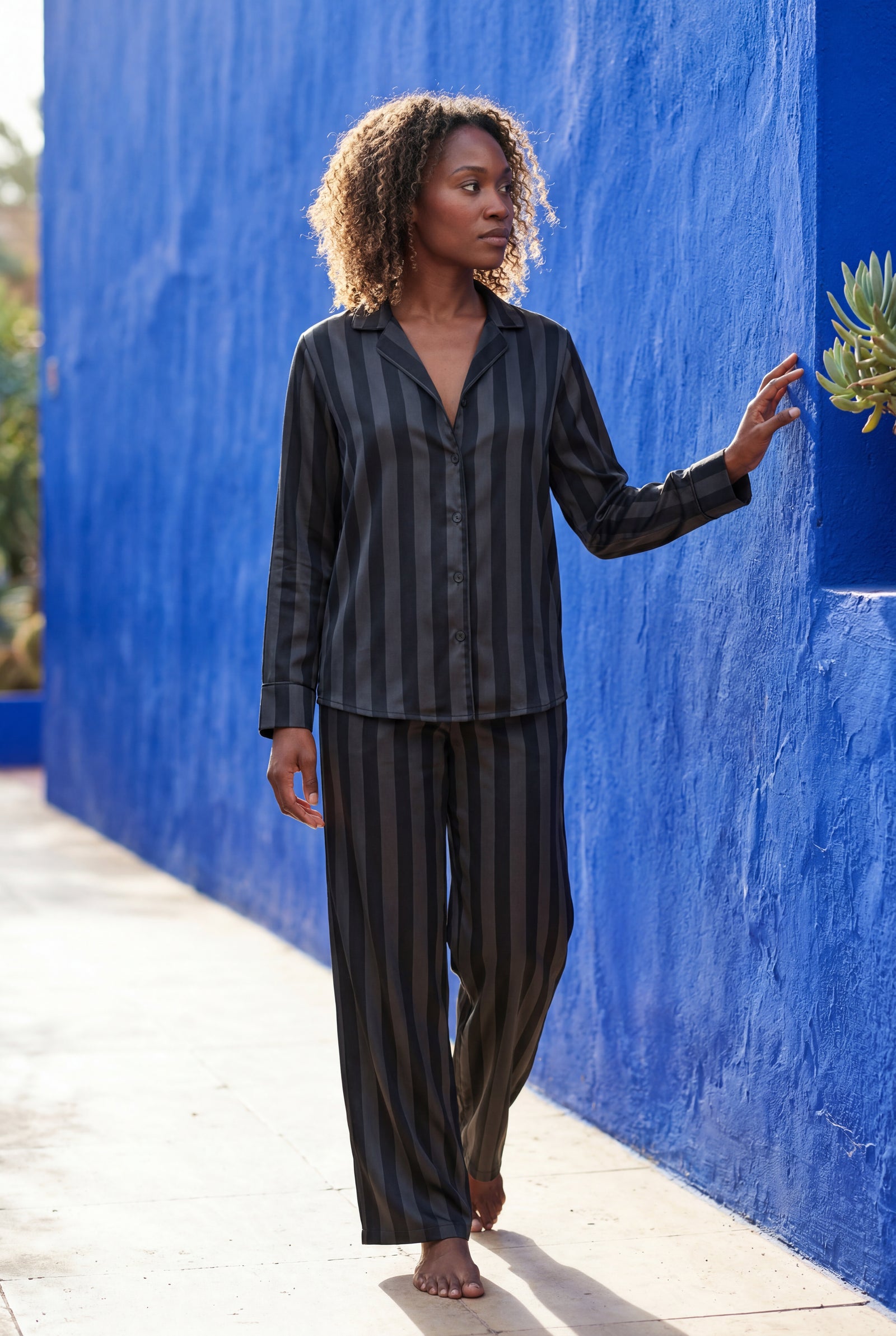Black Striped Button-up Pyjama Set with Relaxed Pants - Photo 11