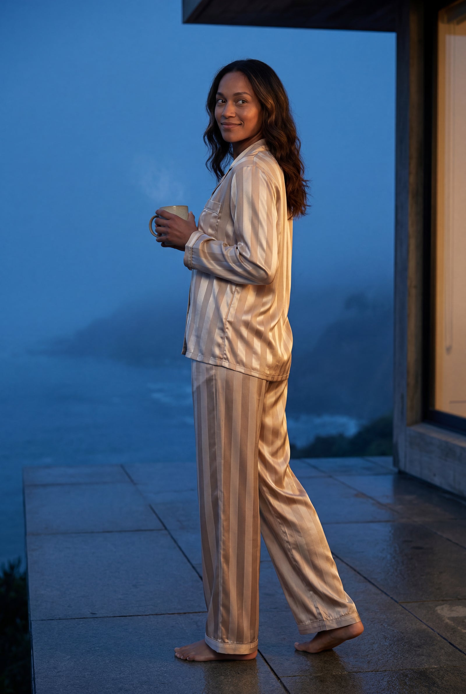 Champagne Striped Button-up Pyjama Set with Relaxed Pants - Photo 12