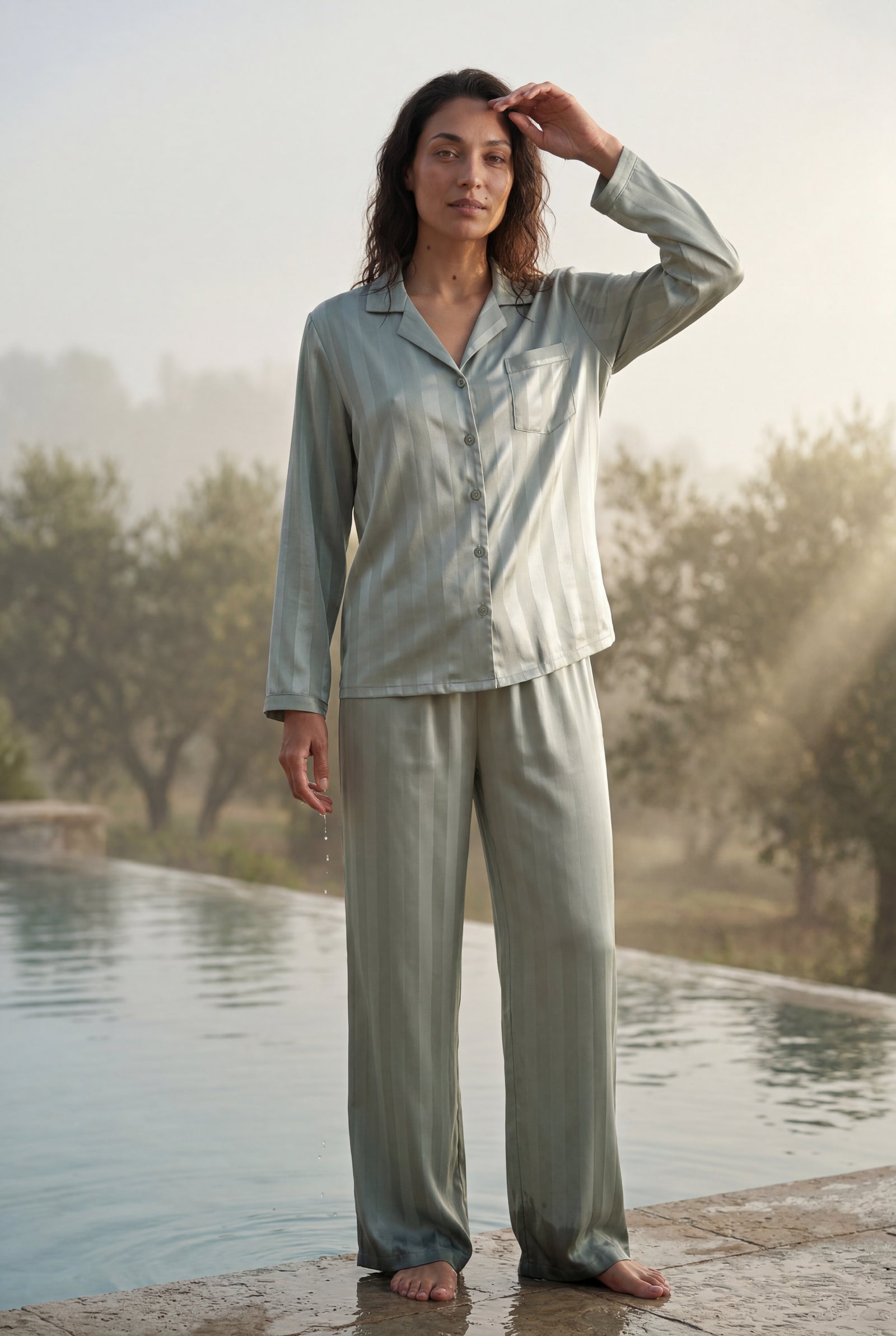 Mint Striped Button-up Pyjama Set with Relaxed Pants - Photo 13