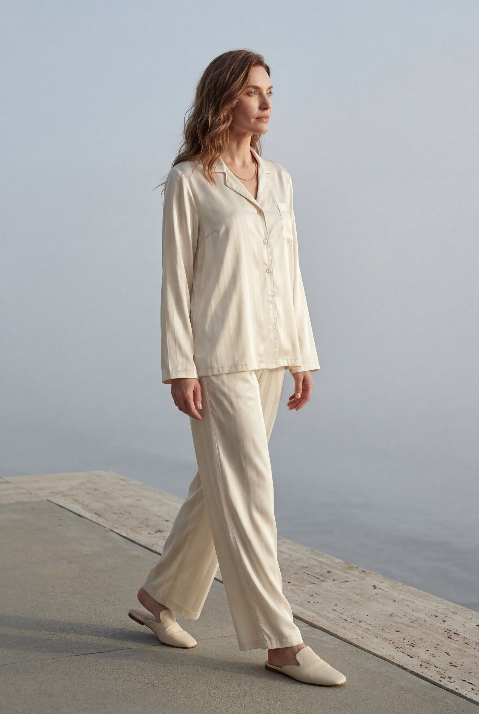 White Striped Button-up Pyjama Set with Relaxed Pants - Photo 15