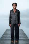 Black Striped Button-up Pyjama Set with Relaxed Pants - Photo 16