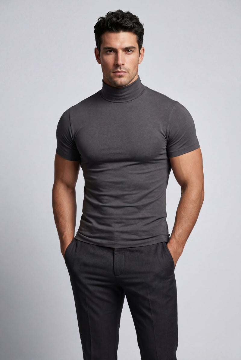 Charcoal Gray Slim Fit Short Sleeve Turtleneck Shirt - Turtleneck shirts - Photo 4