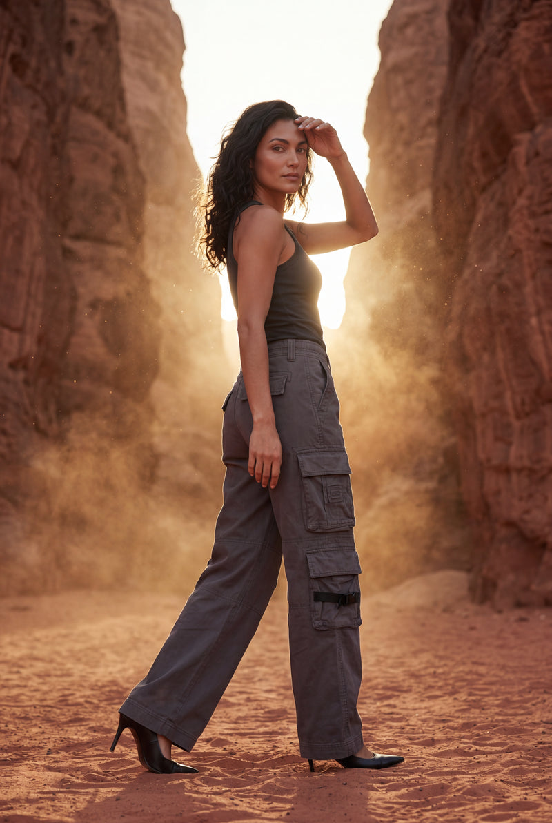 Charcoal Washed Charcoal Straight-leg Cargo Trousers with Buckle Pockets - Photo 3