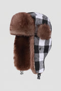 Faux Fur Trapper Hat in Checkered Black White — studio front