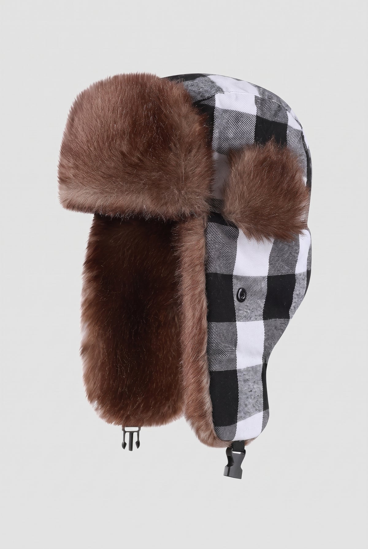 Faux Fur Trapper Hat in Checkered Black White — studio front