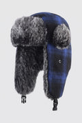 Faux Fur Trapper Hat in Checkered Blue — studio front