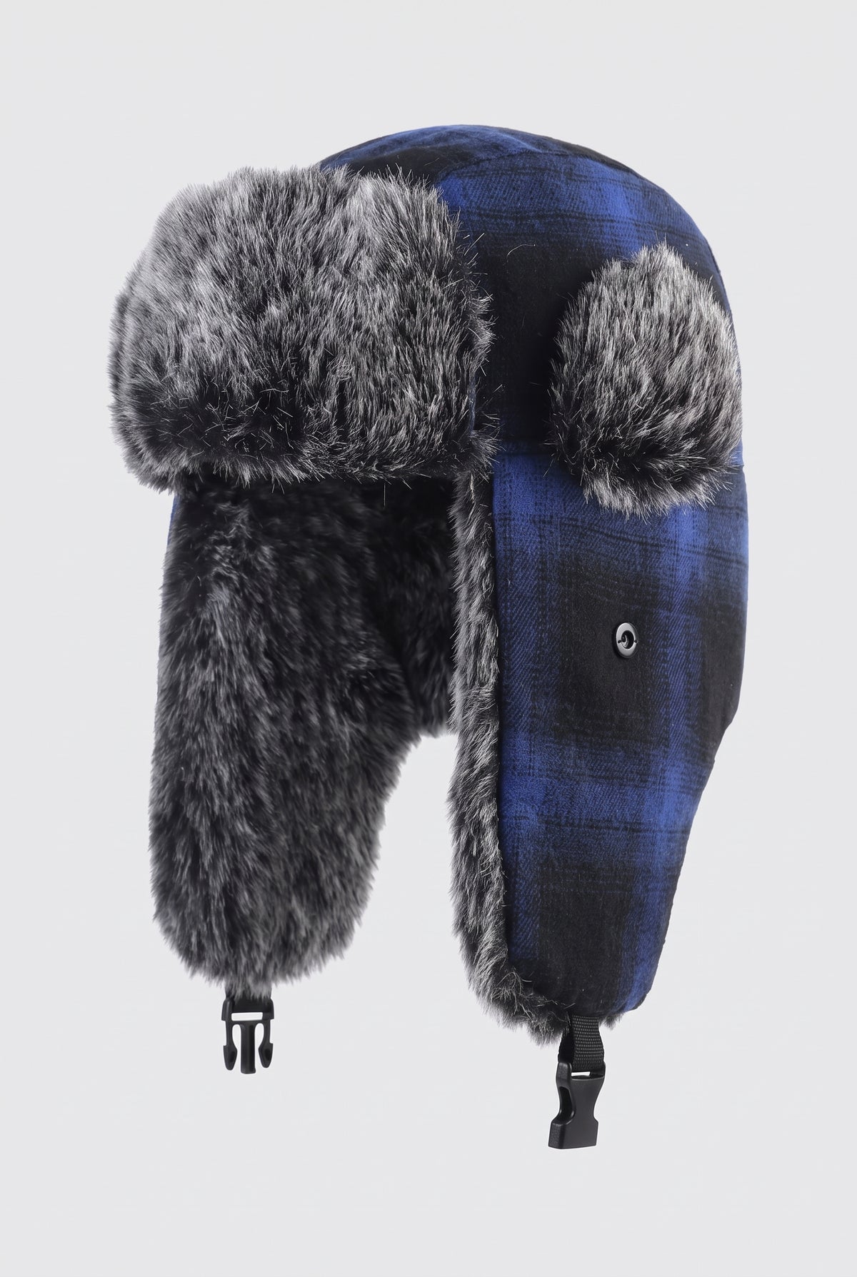 Faux Fur Trapper Hat in Checkered Blue — studio front