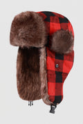 Faux Fur Trapper Hat in Checkered Red — studio front