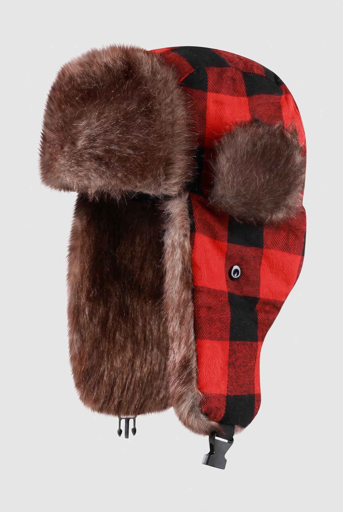 Faux Fur Trapper Hat in Checkered Red — studio front