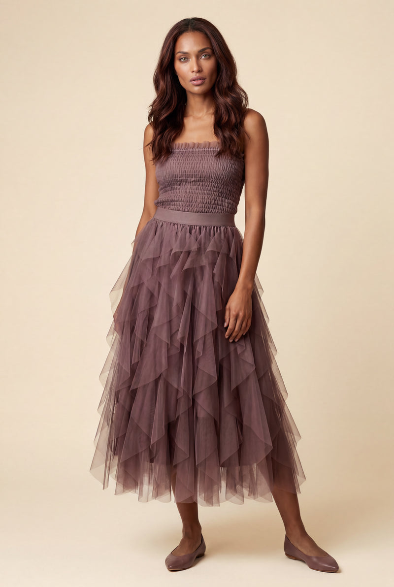 Chocolate Brown Layered Asymmetric Hem Midi Skirt with Elastic Waistband - Layered skirts - Photo 4