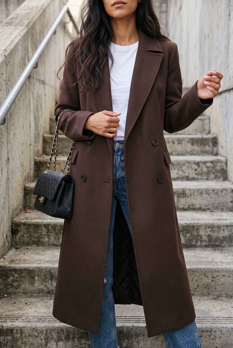 Structured Double-Breasted Trench Coat in Chocolate Brown — studio front