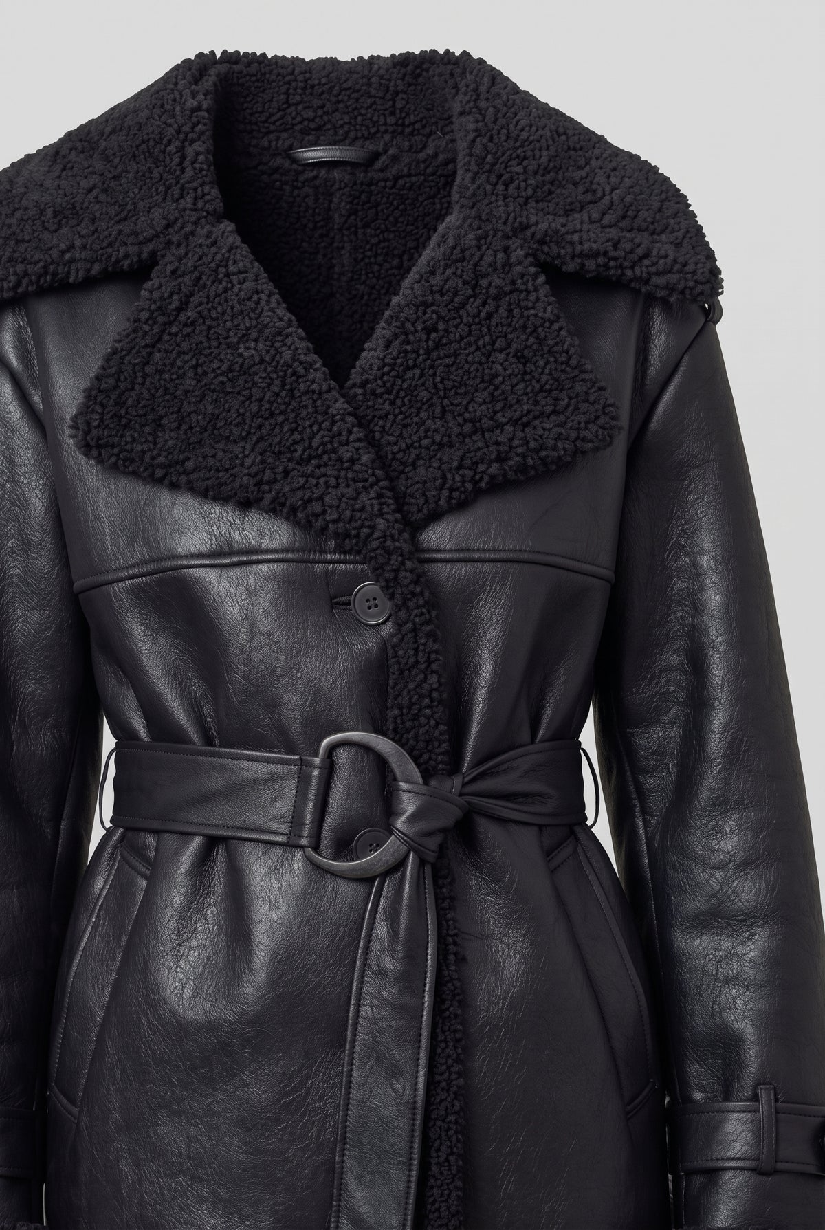 Teddy-Trim Belted Coat in Black — detail