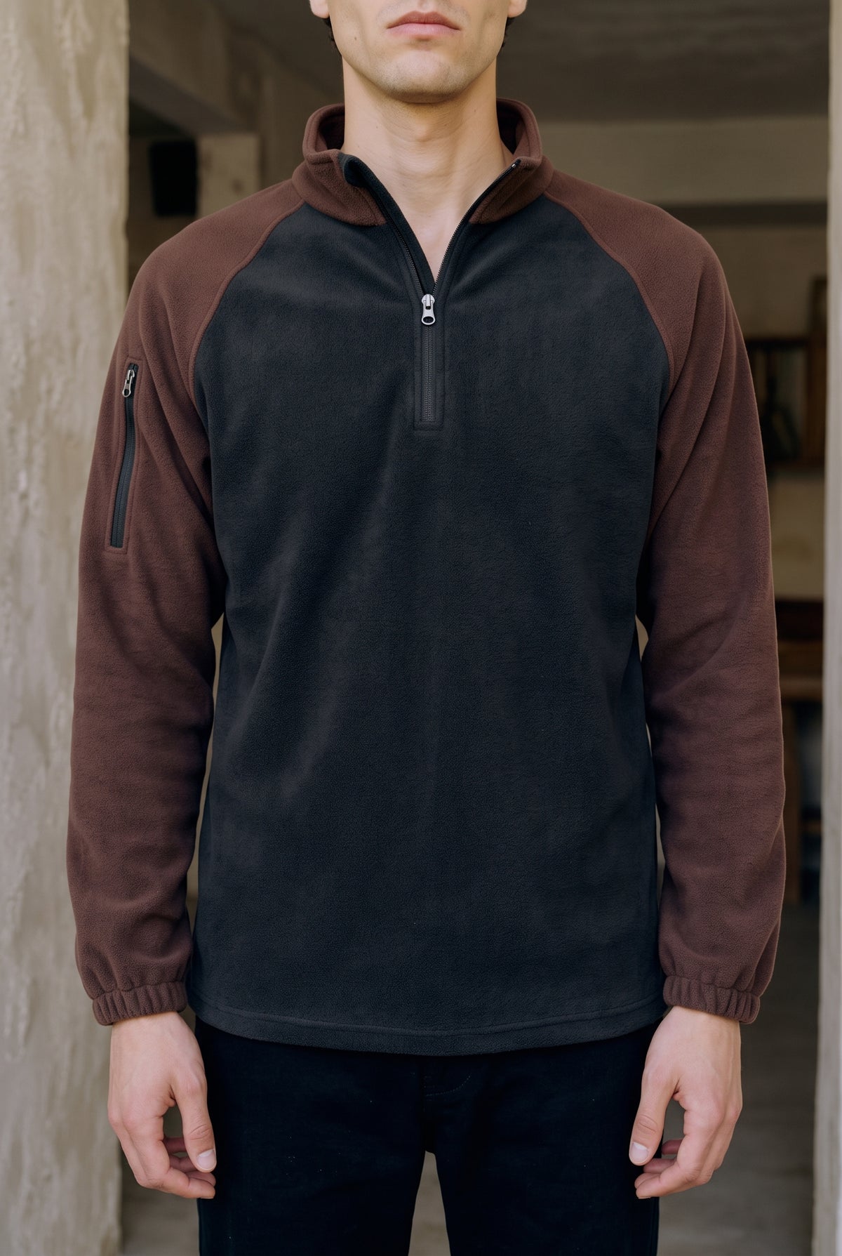 Quarter-Zip Fleece Sweatshirt in Coffee — studio front