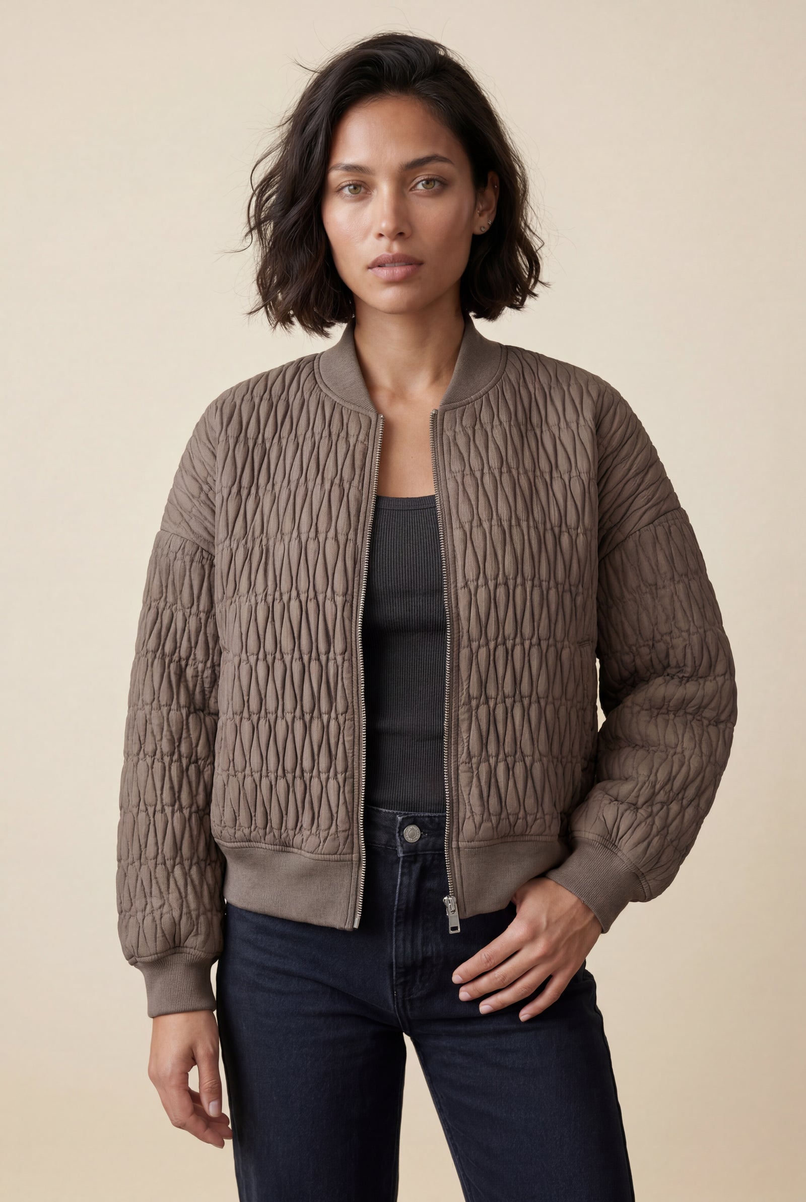 Coffee Quilted Bomber Jacket with Ribbed Trim - Photo 3