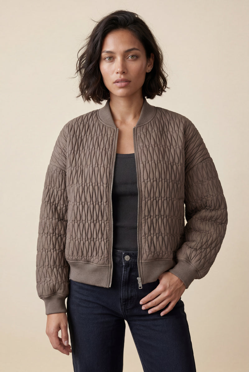 Coffee Quilted Bomber Jacket with Ribbed Trim - Photo 3