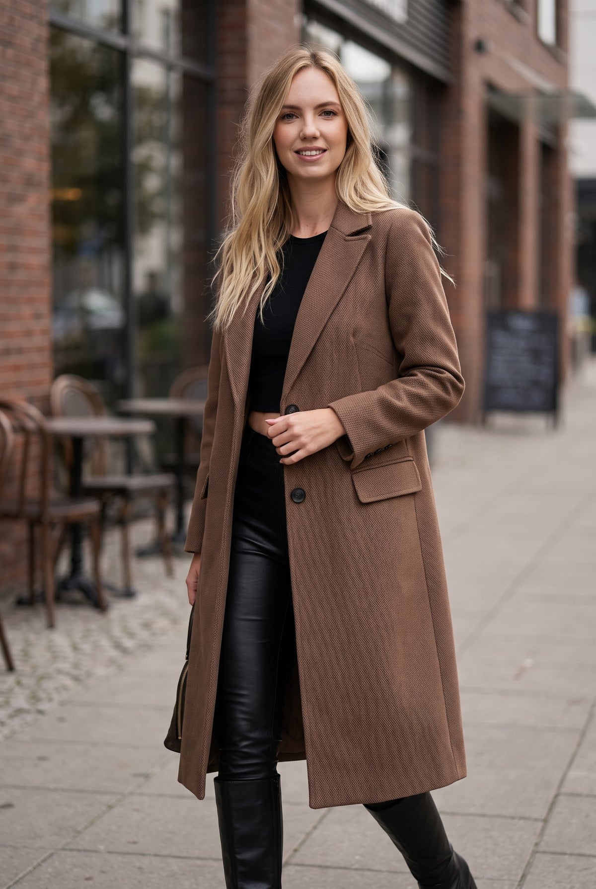 Tailored Long Overcoat in Coffee — studio front