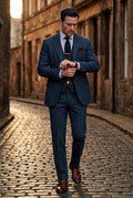 Navy Blue Textured Three-piece Suit with Notched Lapels - Photo 11