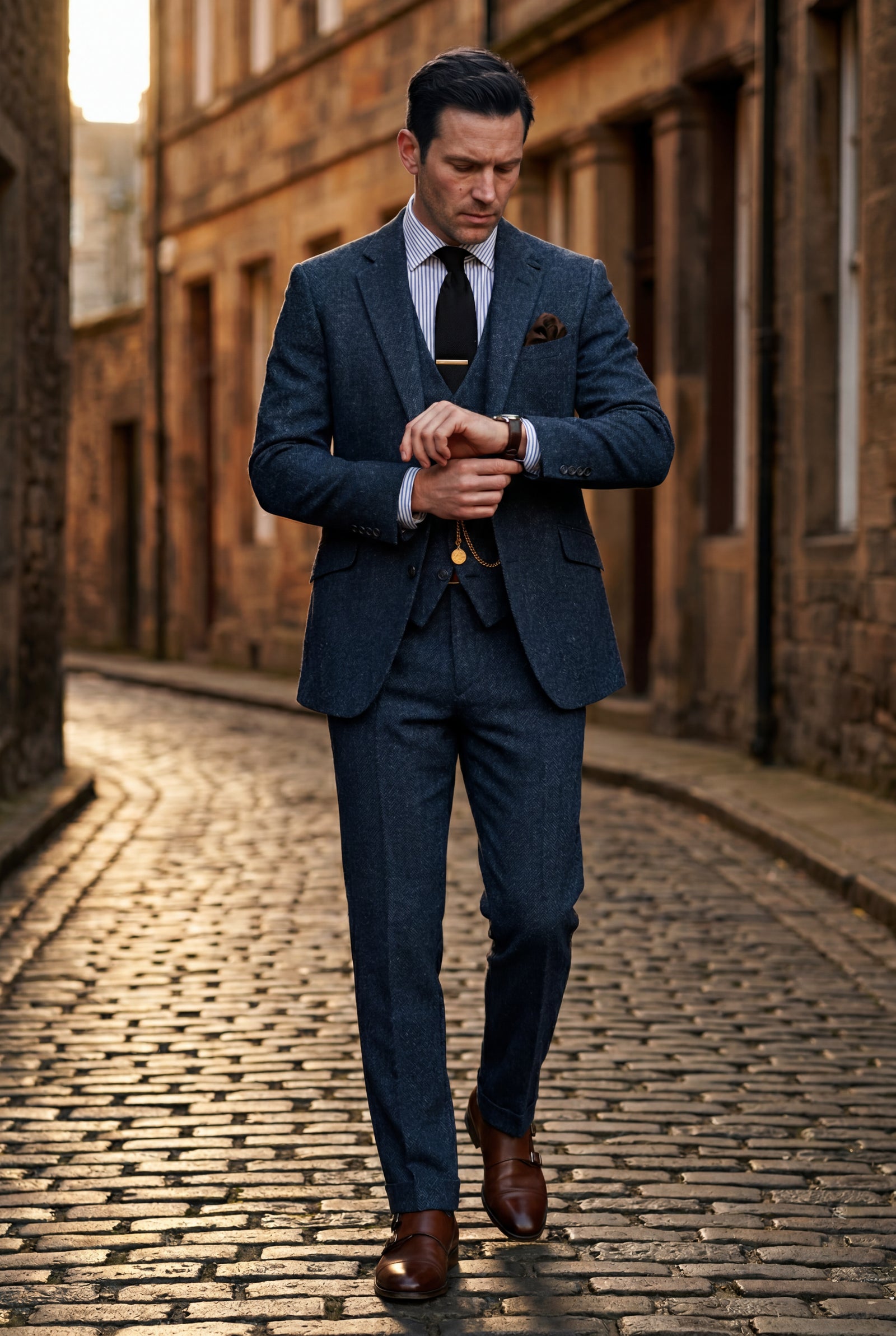 Navy Blue Textured Three-piece Suit with Notched Lapels - Photo 11
