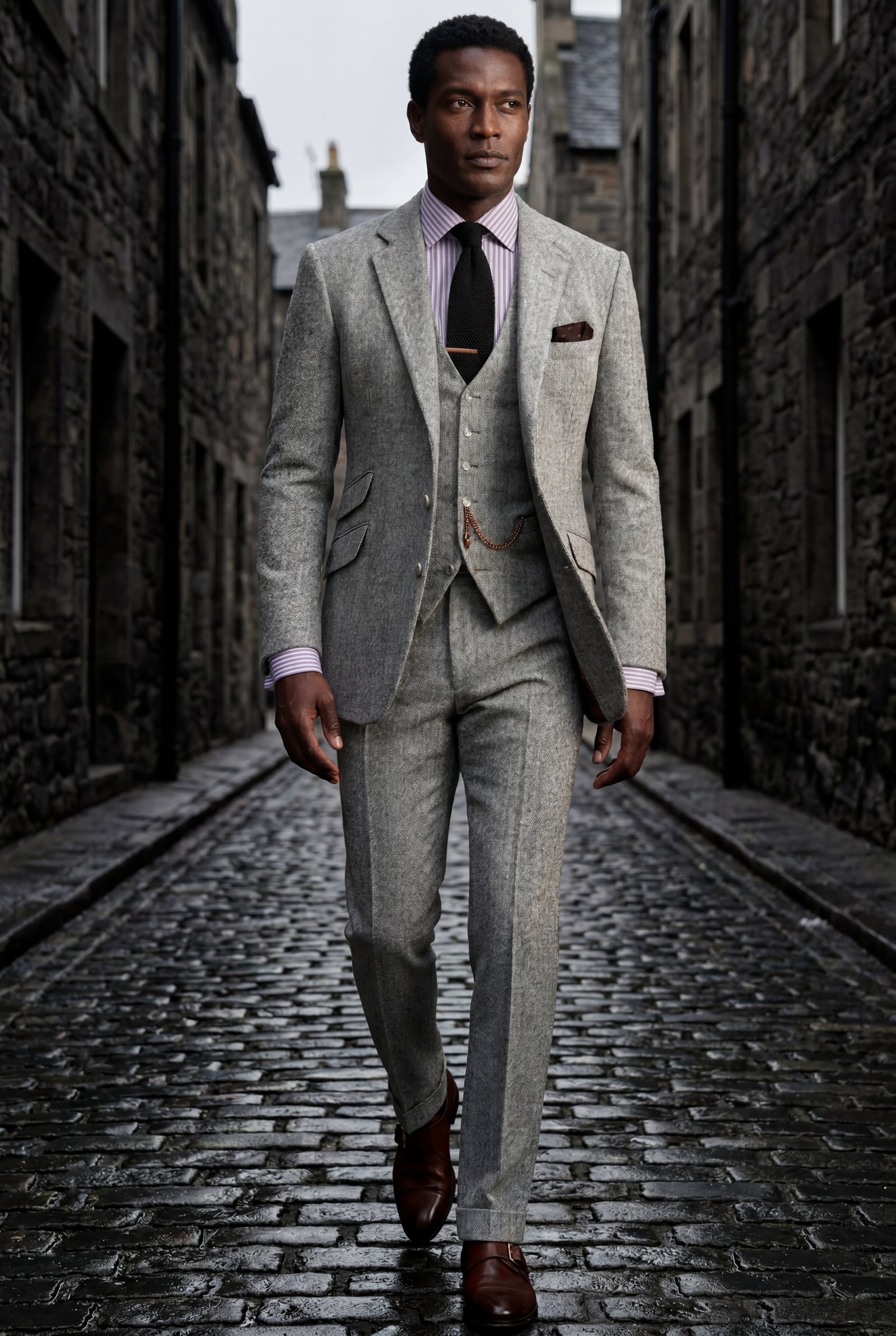 Gray Textured Three-piece Suit with Notched Lapels - Photo 12