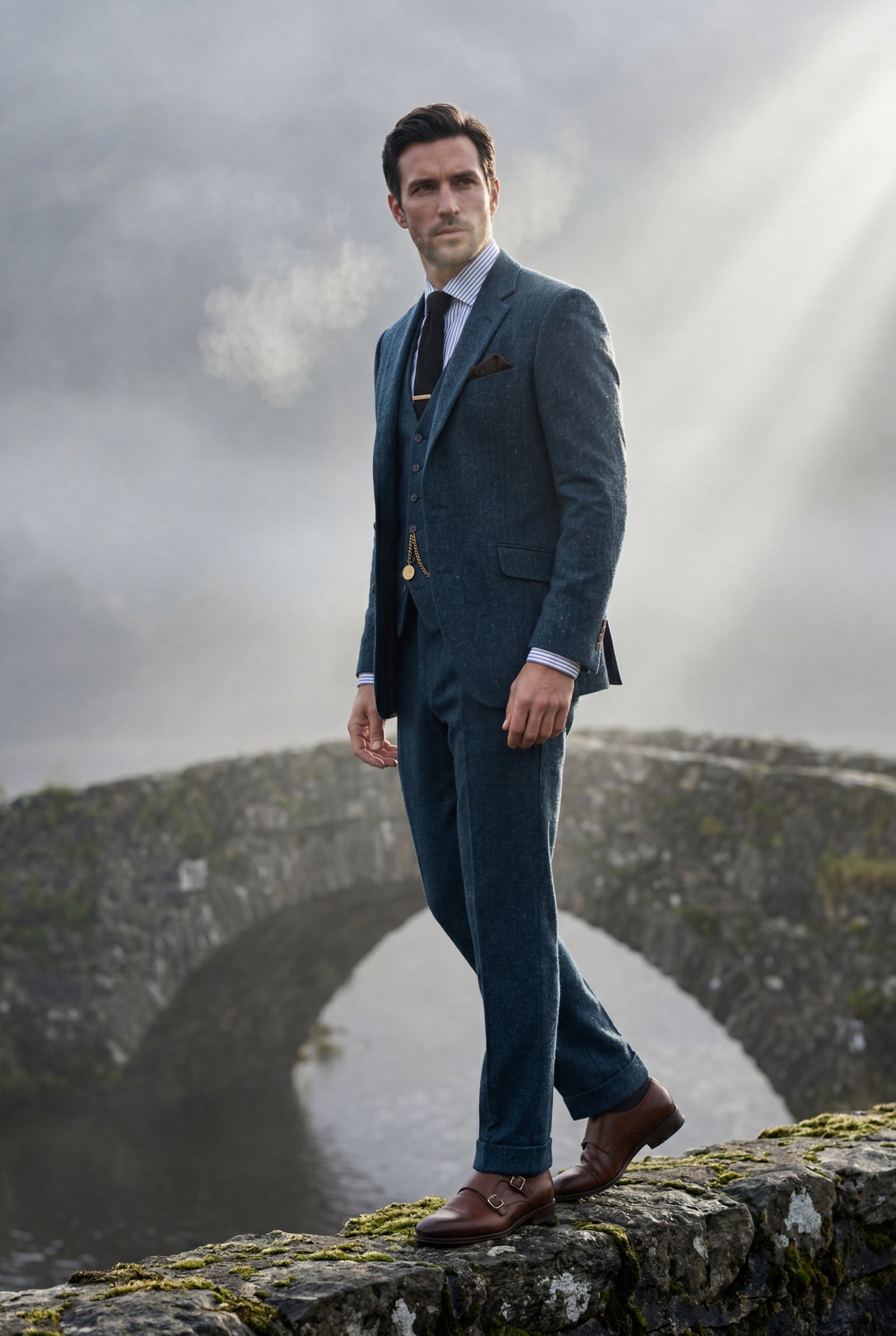 Navy Blue Textured Three-piece Suit with Notched Lapels - Photo 13