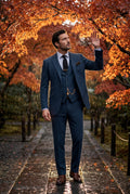 Navy Blue Textured Three-piece Suit with Notched Lapels - Photo 14