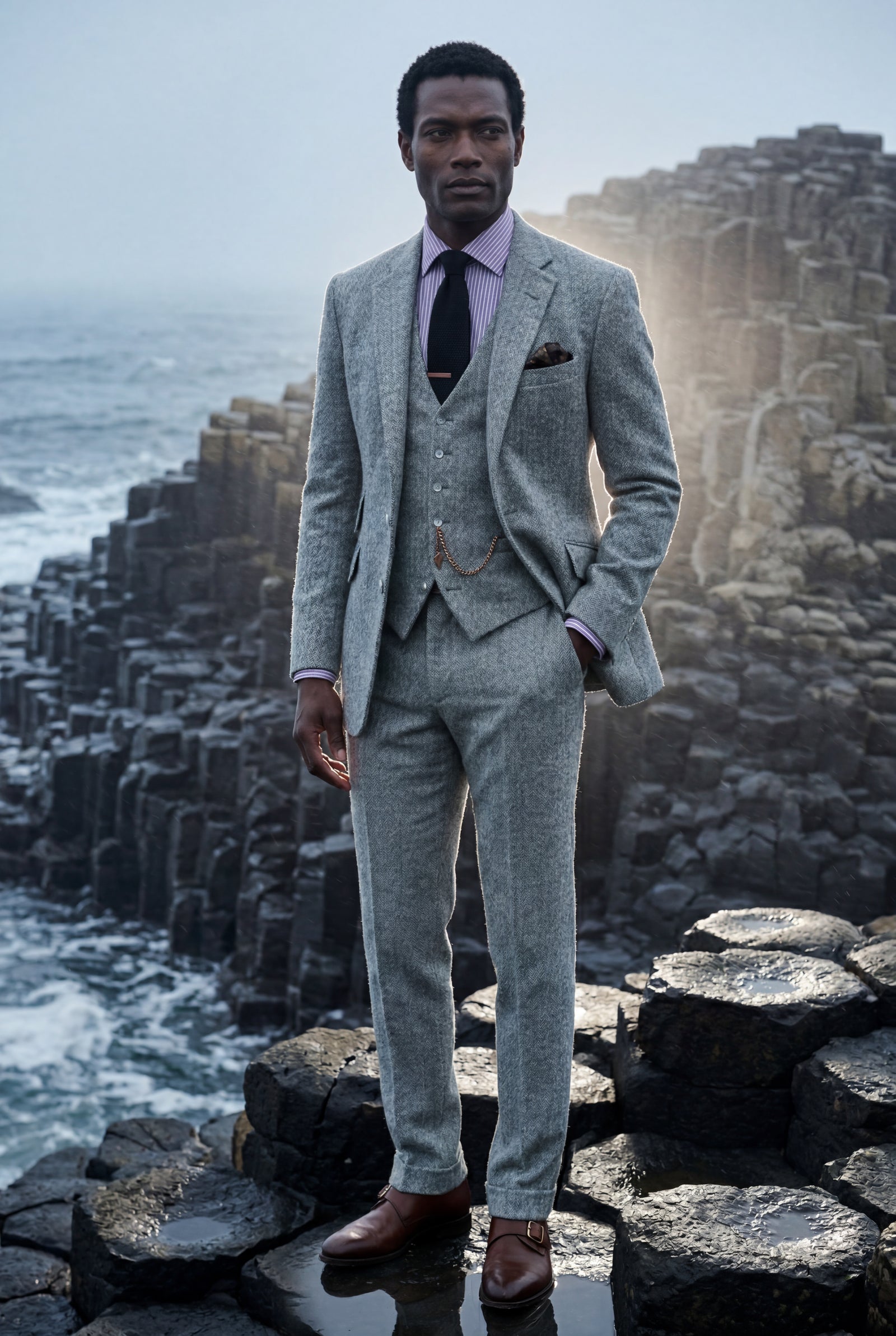 Gray Textured Three-piece Suit with Notched Lapels - Photo 15