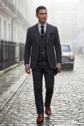 Black Textured Three-piece Suit with Notched Lapels - Photo 17