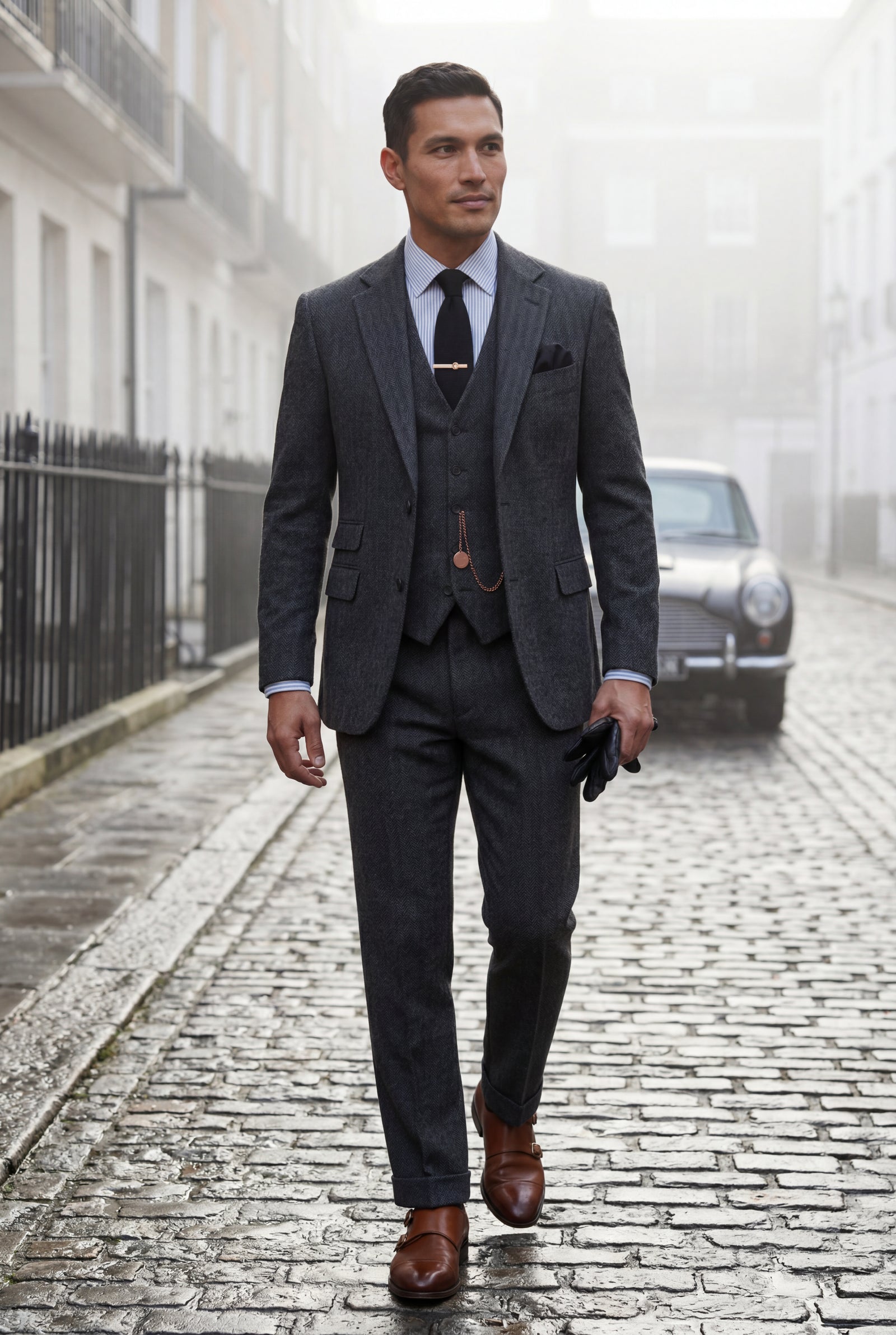Black Textured Three-piece Suit with Notched Lapels - Photo 17