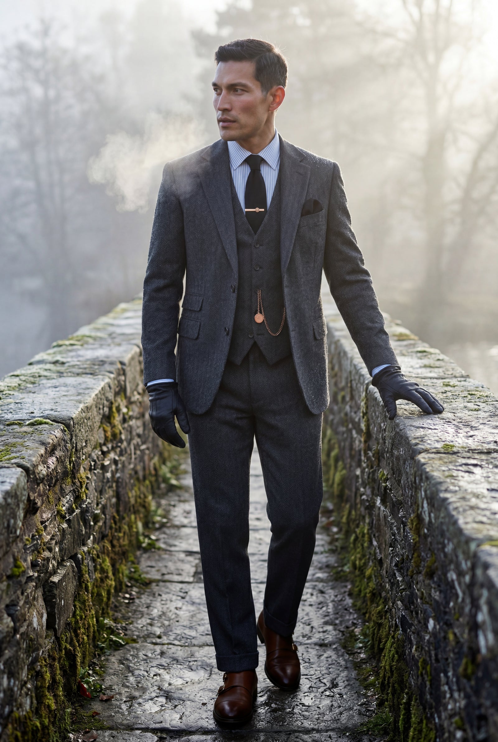 Black Textured Three-piece Suit with Notched Lapels - Photo 18