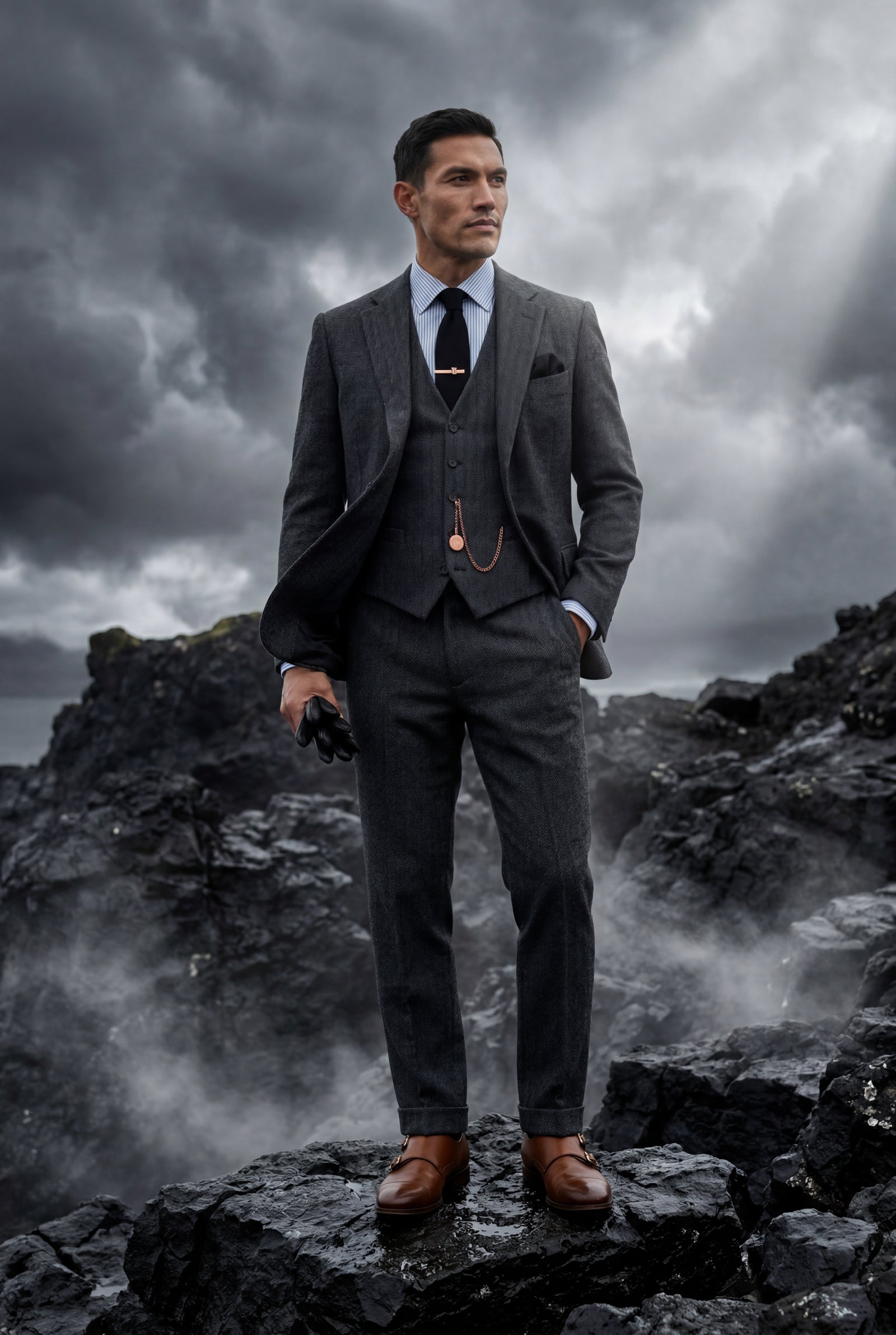 Black Textured Three-piece Suit with Notched Lapels - Photo 19