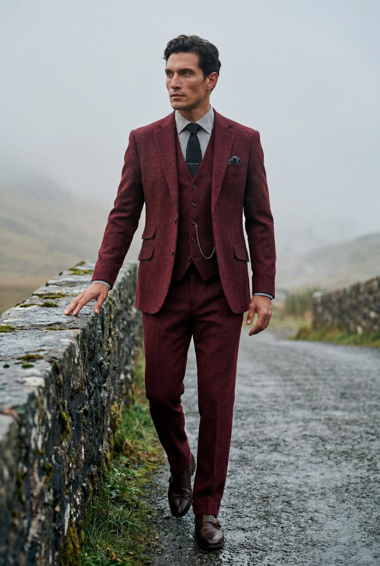 Burgundy Textured Three-piece Suit with Notched Lapels - Photo 25