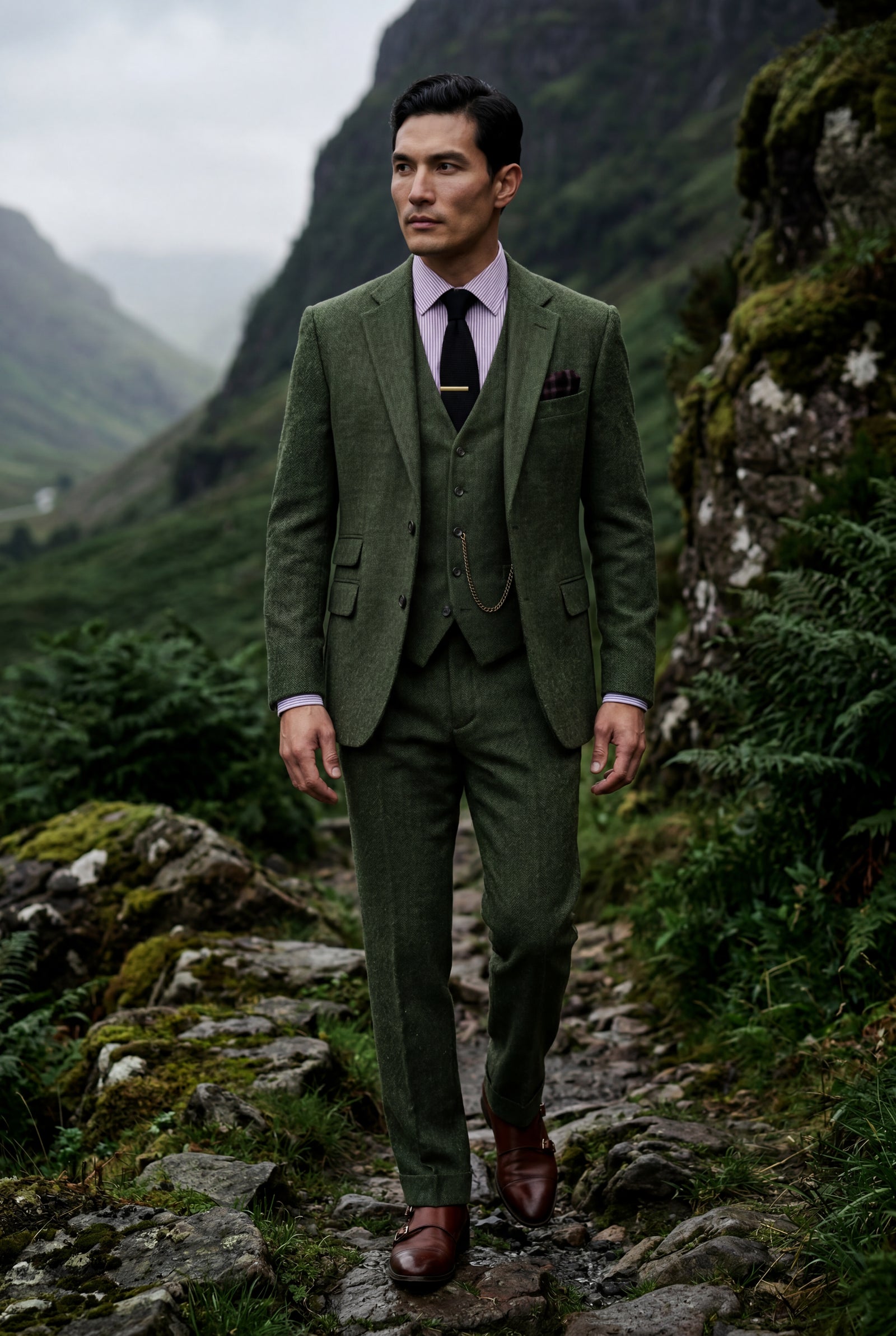 Dark Green Textured Three-piece Suit with Notched Lapels - Photo 3