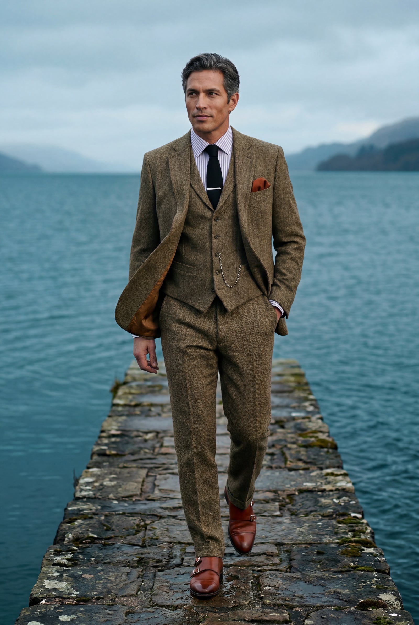 Brown Textured Three-piece Suit with Notched Lapels - Photo 4