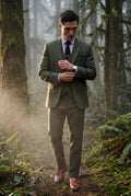 Dark Green Textured Three-piece Suit with Notched Lapels - Photo 5