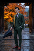 Dark Green Textured Three-piece Suit with Notched Lapels - Photo 7