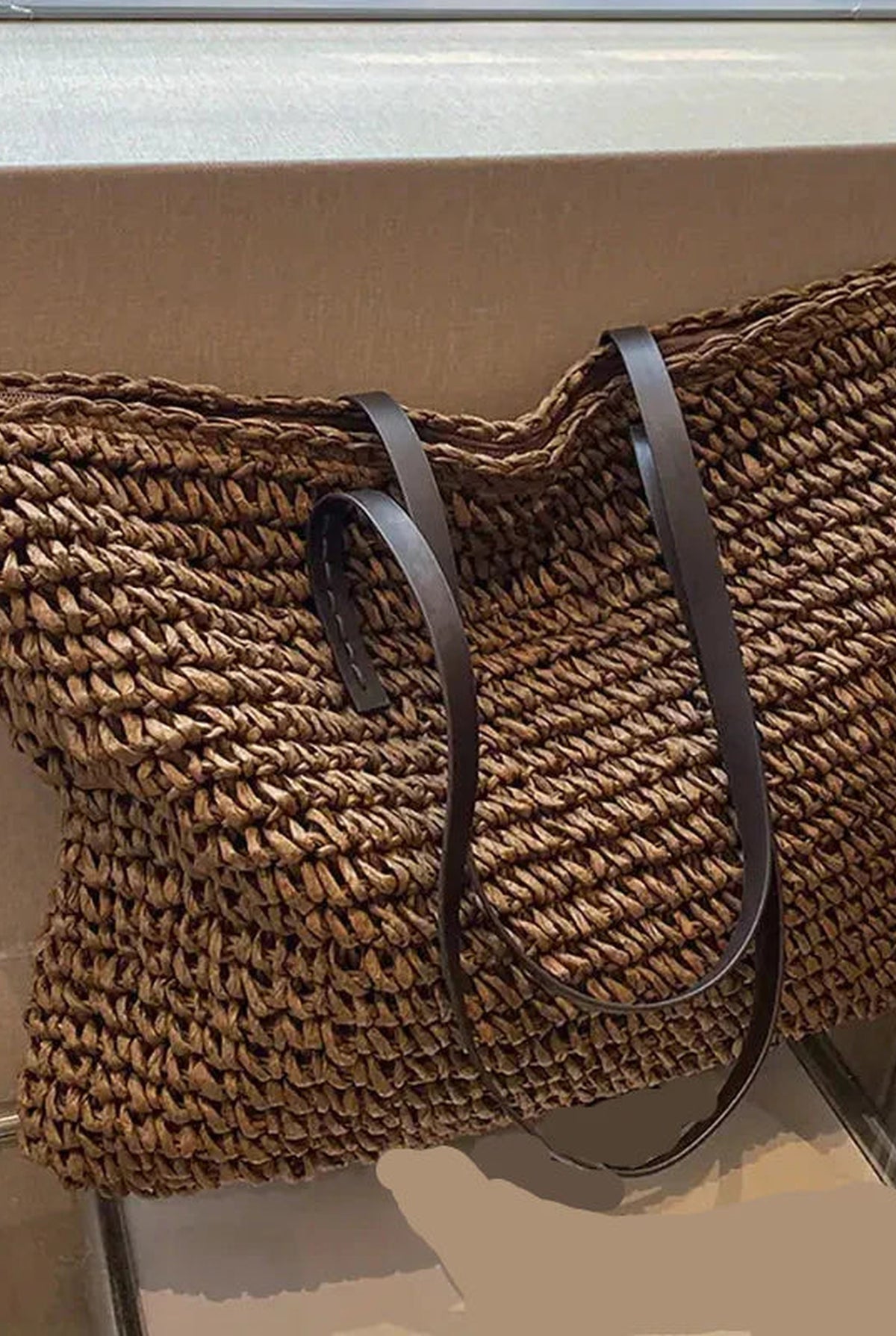 Woven Oversized Tote Bag in Coffee — front view