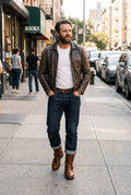 Men's Boots Vintage Style in Cognac Brown — lifestyle street