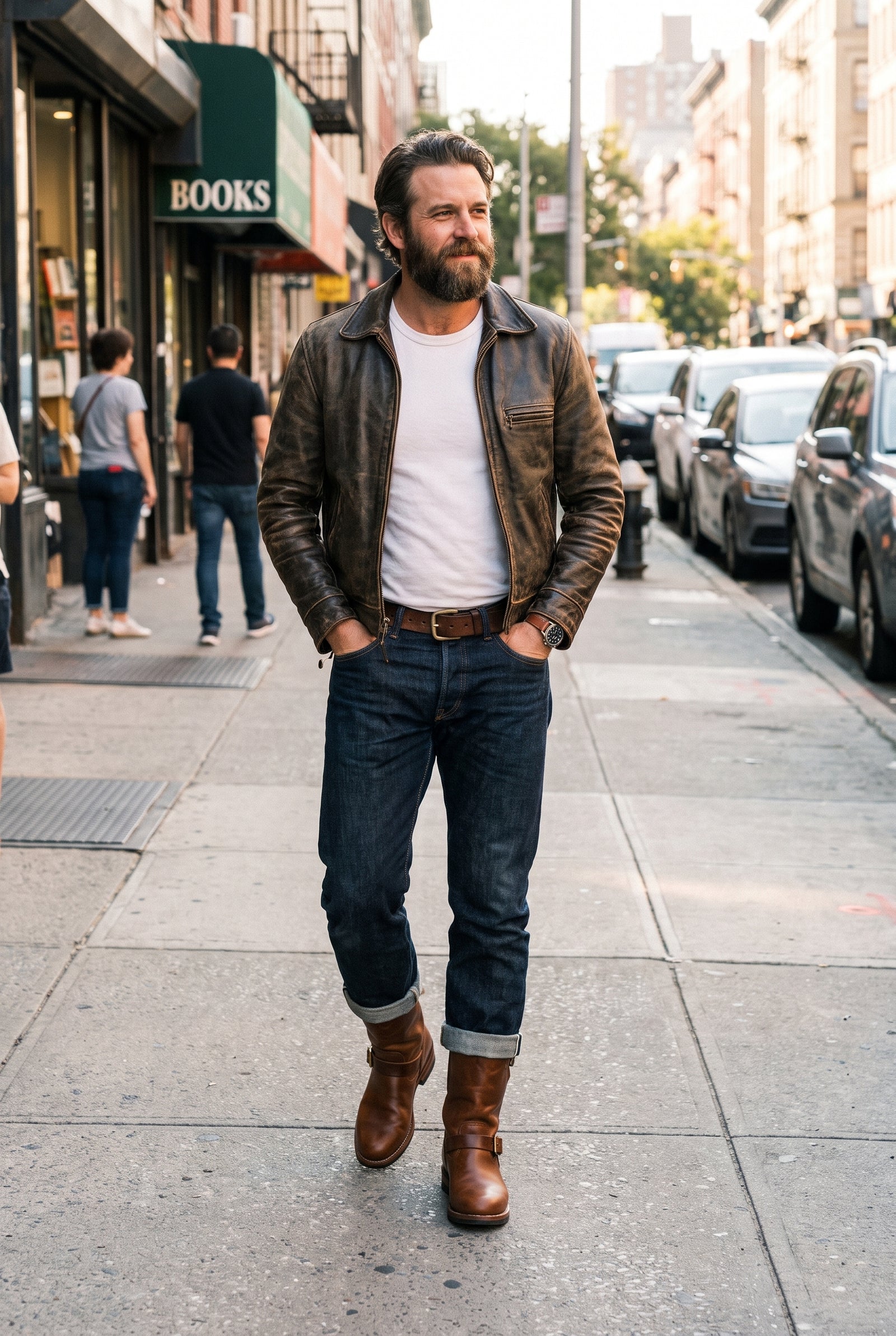 Men's Boots Vintage Style in Cognac Brown — lifestyle street