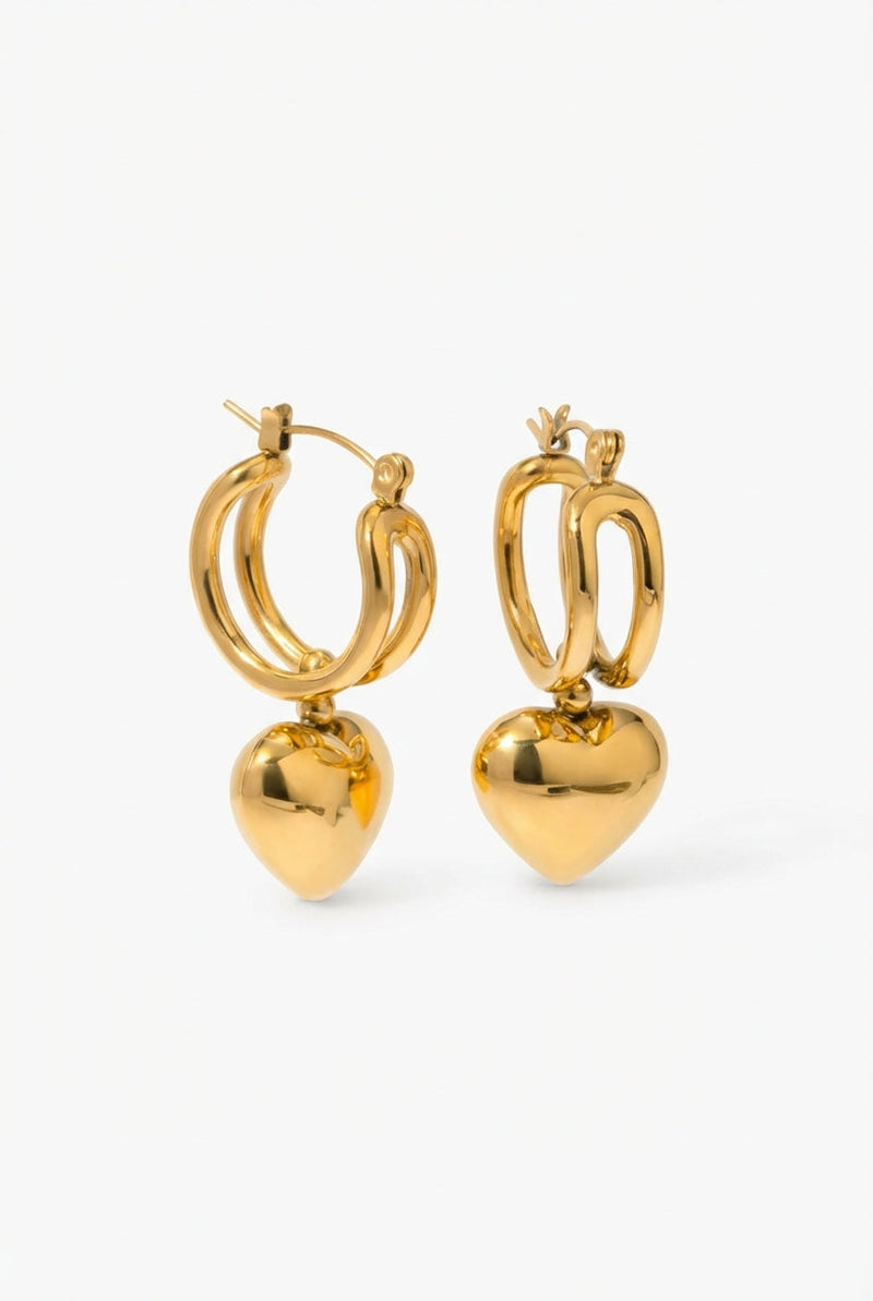 Color Gold Dual-band Hoop Earrings with Dangling Heart Charm - Photo 1