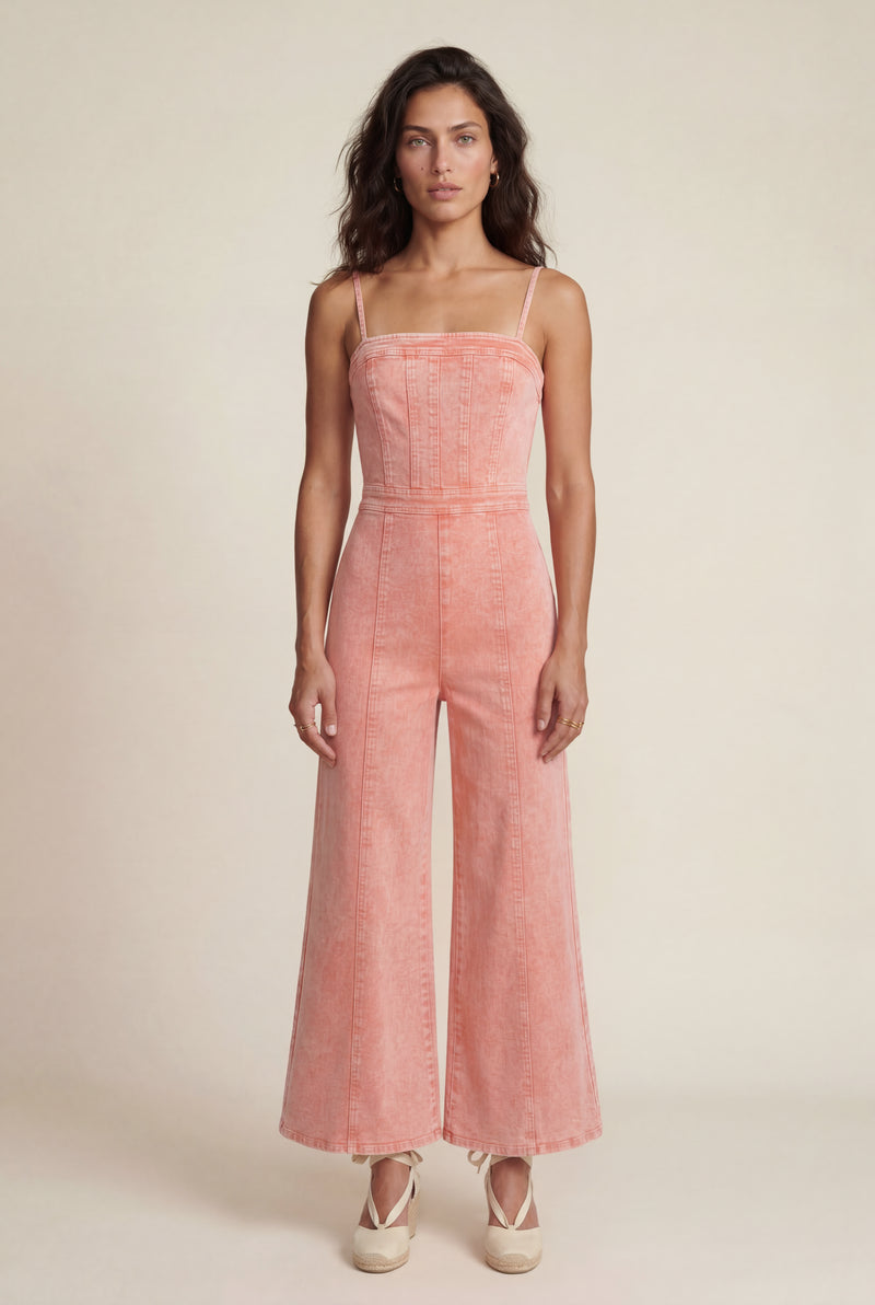Coral Acid Wash Corset Wide-leg Jumpsuit with Raw Hem - Denim jumpsuit - Photo 1