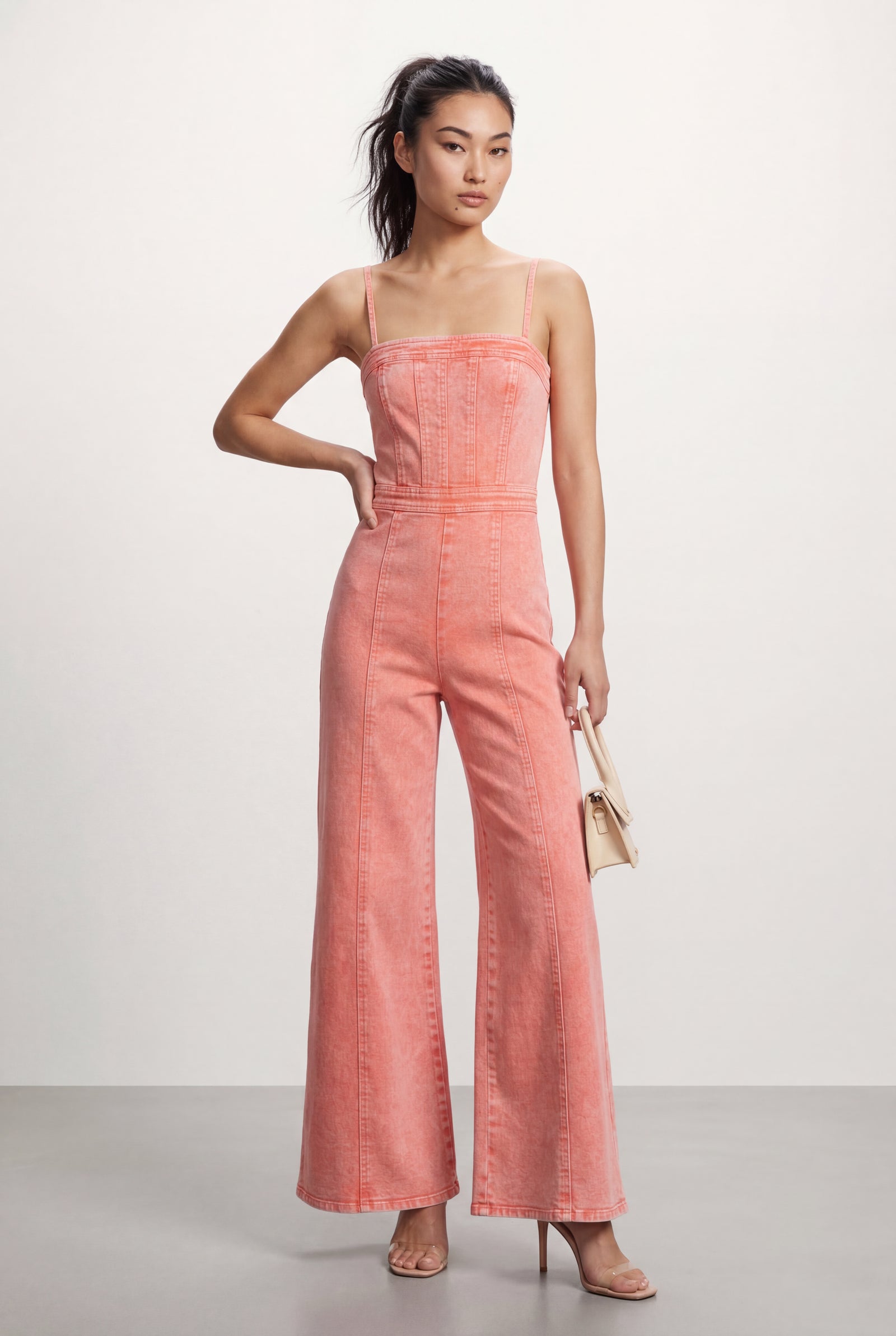 Coral Acid Wash Corset Wide-leg Jumpsuit with Raw Hem - Denim jumpsuit - Photo 3